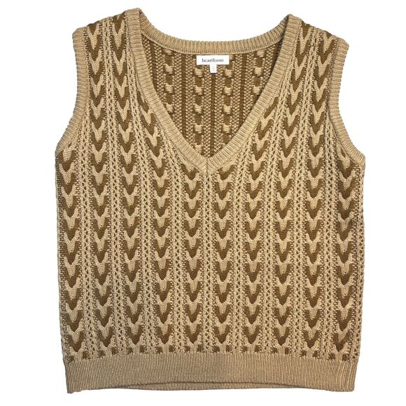 HEARTLOOM Cable Knit Sweater Vest V-Neck Sleeveless Brown‎ & Tan Size Large - Picture 1 of 6